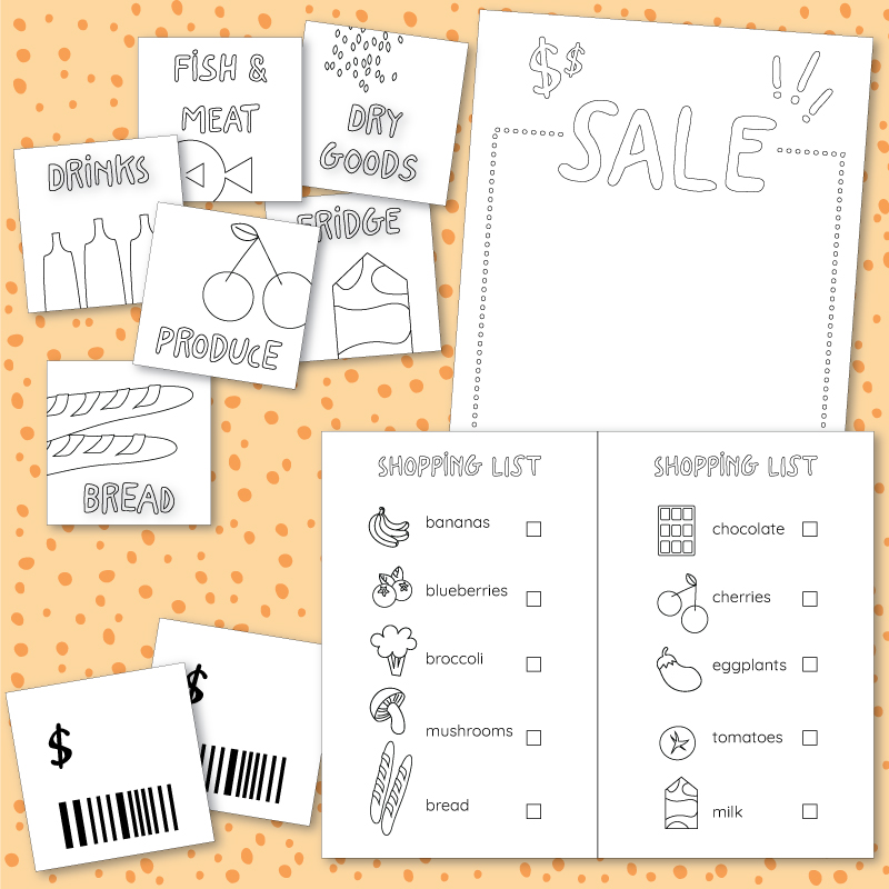 Grocery store pretend play printable templates